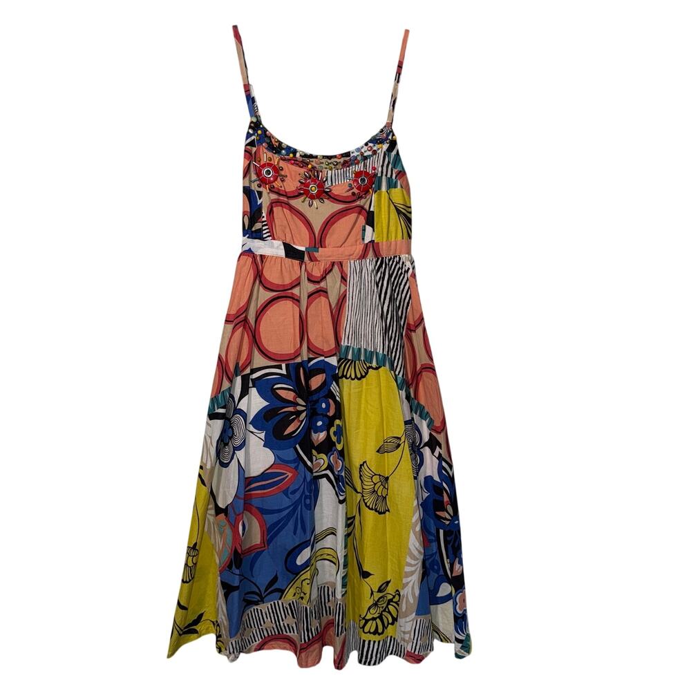 Romeo & Juliet Couture Colorful Abstract Print Beaded Midi Dress Size M Cotton
